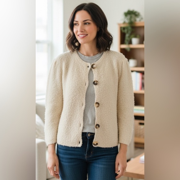 MOON GRAY Vintage Off White Boucle Knit Sweater Cardigan Wood Buttons Medium 4 - Picture 1 of 9